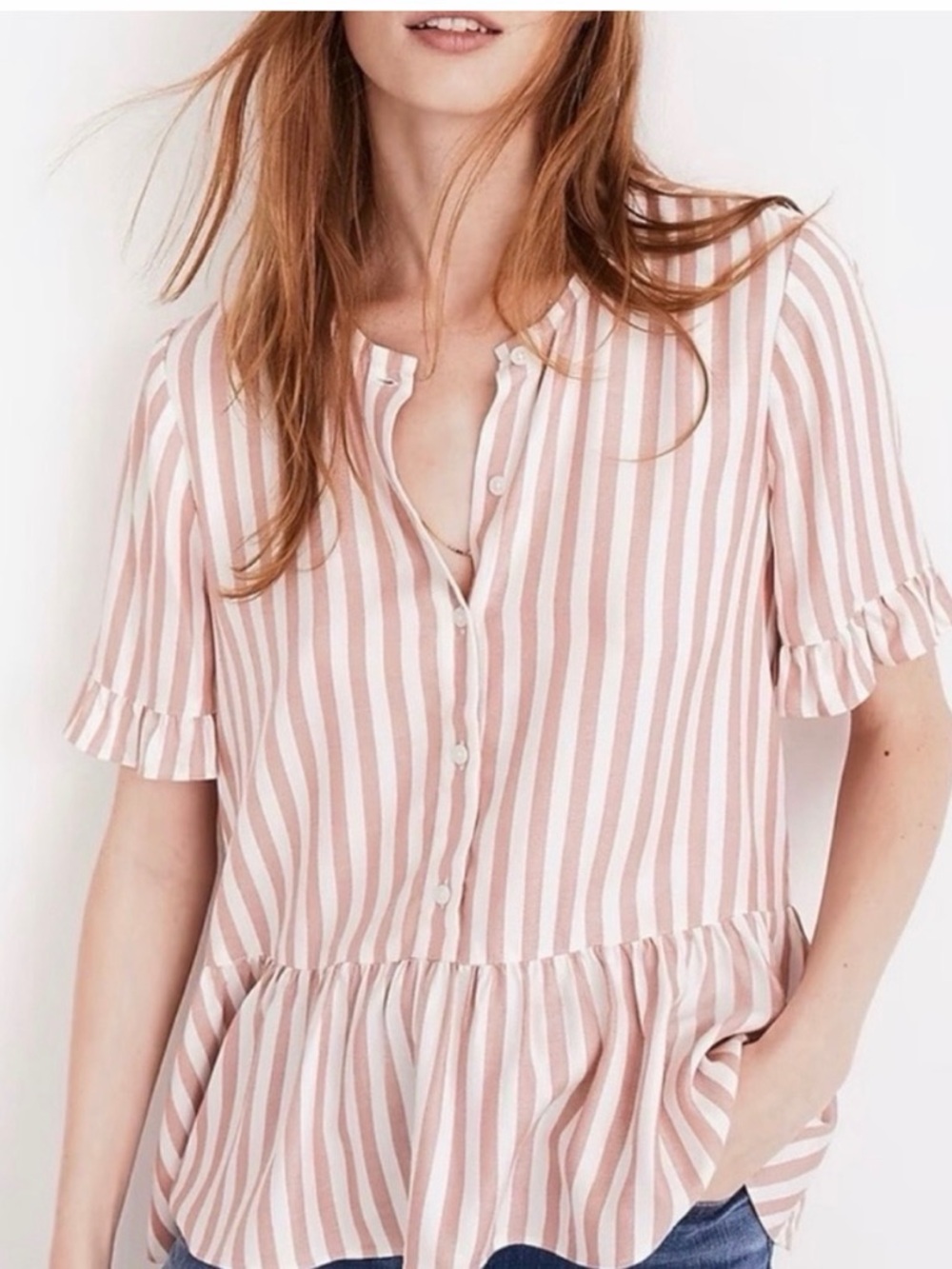Madewell Top SZ S Stripe Peplum Top with Button Detail